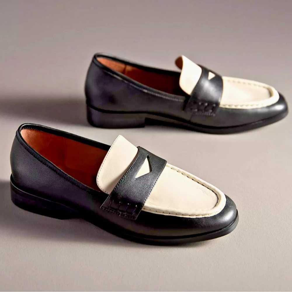 New Bibi Lou x Anthropologie 2-Tone 8 Black White Slip On Leather Loafers Flats